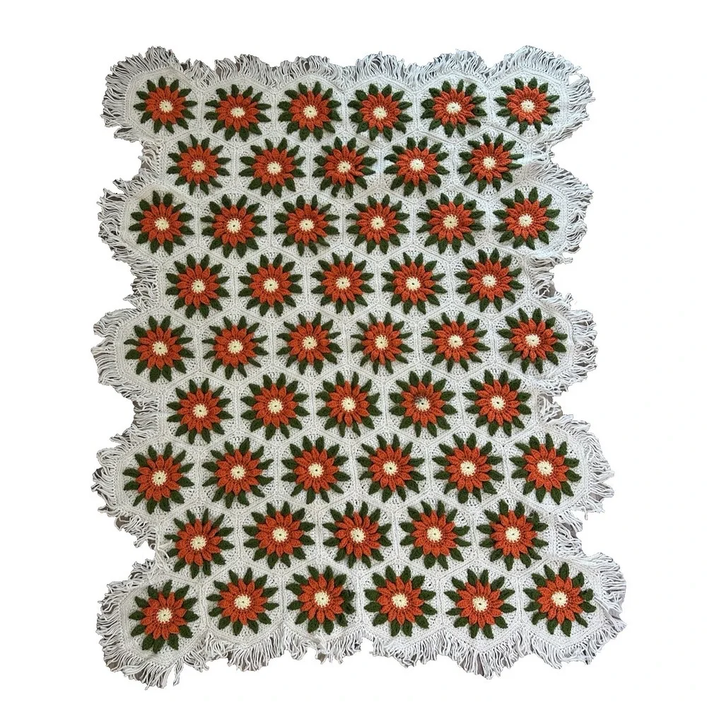 Vintage Handmade Crochet Blanket Poinsettia Flower Red White 3D Fringe